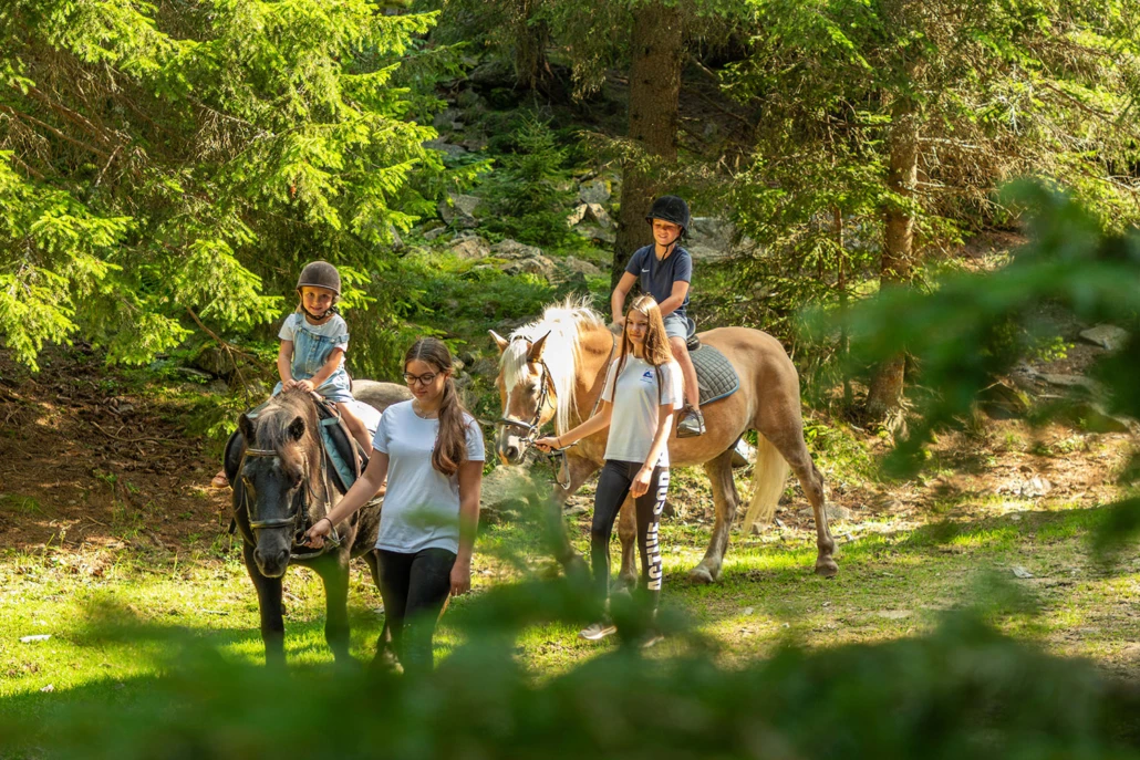 Pferde Ponywanderung mit Kindern im Wald nahe dem Familienhotel Hochegger